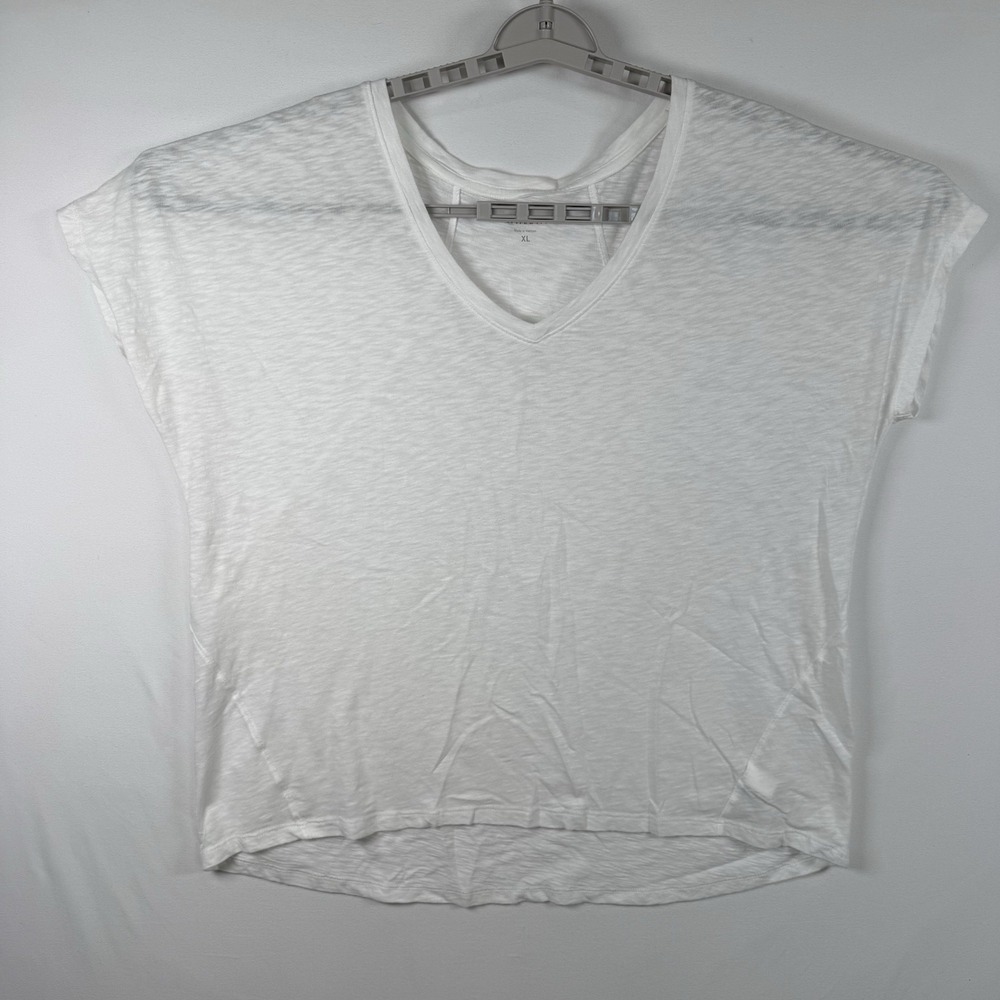 ATHLETA Top Size XL V-Neck Tee Semi Sheer White Cap Sleeve Women's